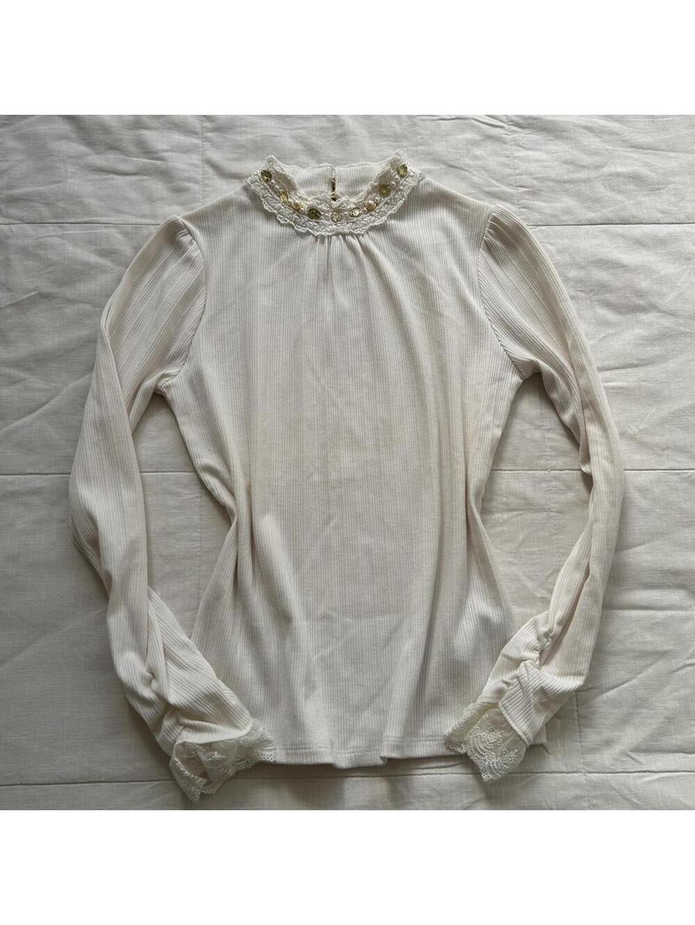 Axes Femme Ivory Ribbed Knit Top Pearl Lace Neck Long Sleeve Size M Japan